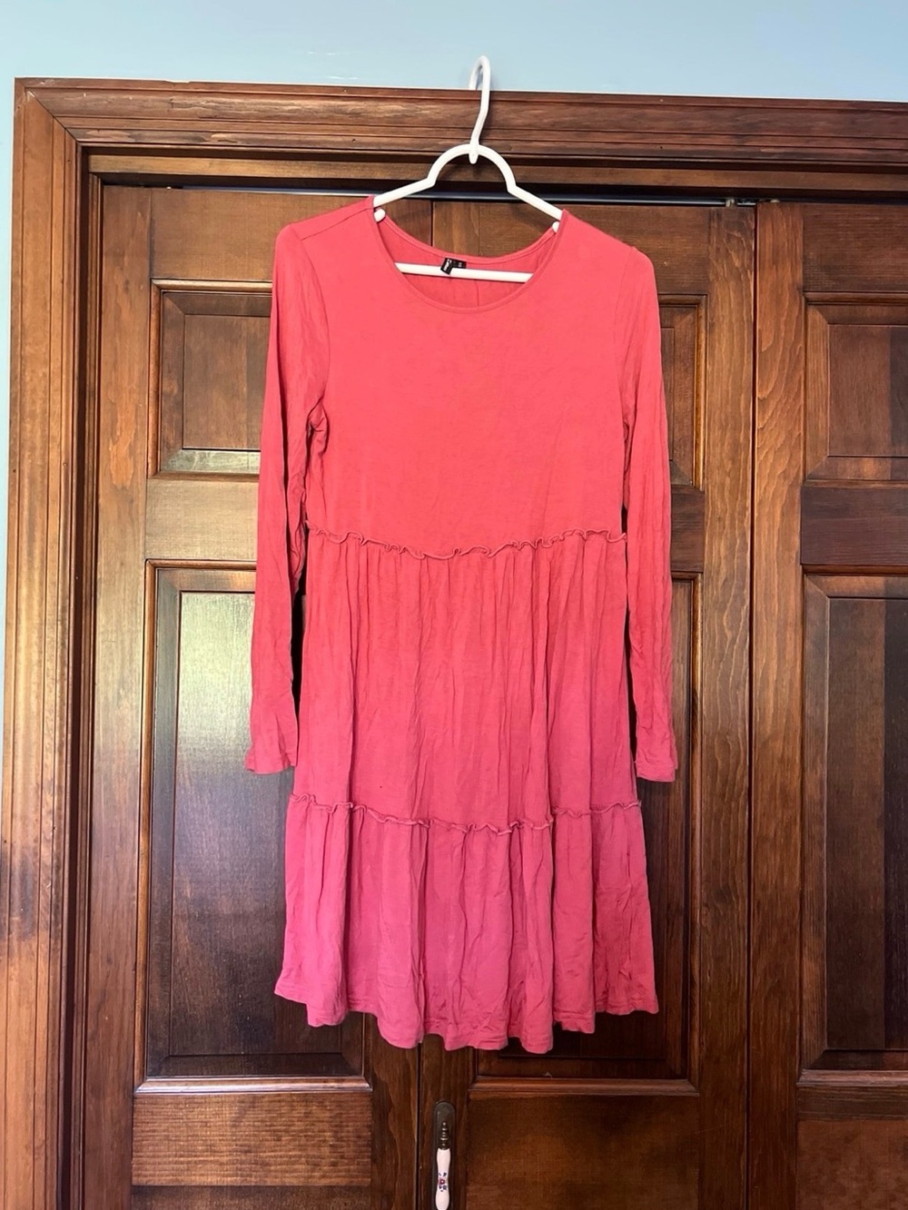 Long-Sleeve Tiered Dress in Coral